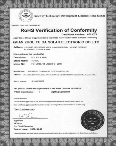 Solar Light ROHS Certification
