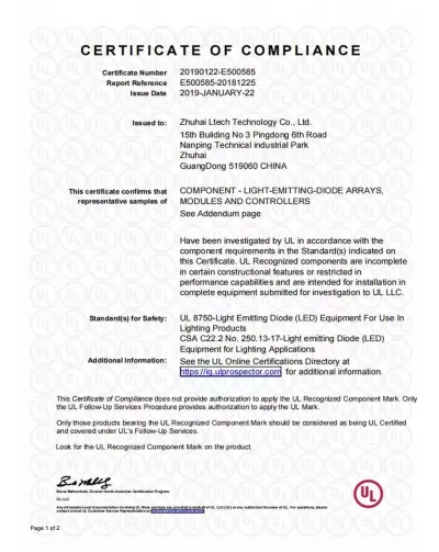 LED Light Source  UL Certification
