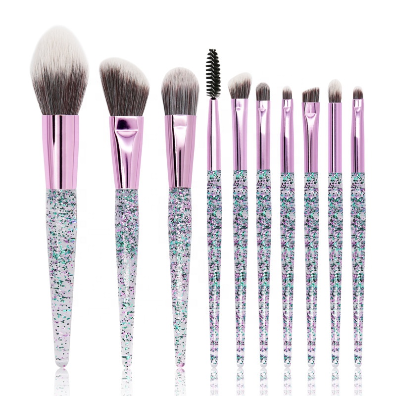 Luxury Glitter Cosmetic Brushes 10 Pcs Liquid Makeup Brush Set With Glitter Bag