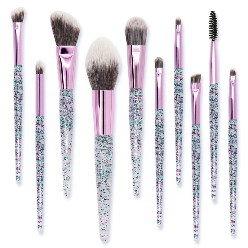 Luxury Glitter Cosmetic Brushes 10 Pcs Liquid Makeup Brush Set With Glitter Bag