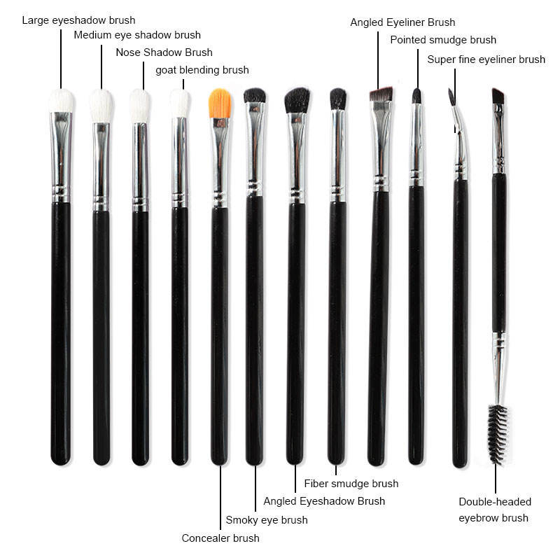 12pcs Natural Hair Makeup Tools Accept Customize Logo Private Label Eye Eyeshadow Brushes Black Silver Style Makeup Brush Set