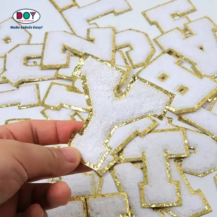タオル刺繍パッチ ゴールドグリッターボーダーレター シェニール刺繍パッチ ジャケット用