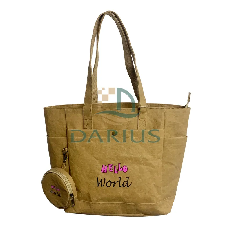 Bruine kraftpapier-winkeltas met ritssluiting en kleine ronde tas