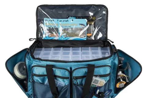 Vízálló puha horgászfelszerelés tárolótáska tálcával, gondozási és karbantartási útmutatóval