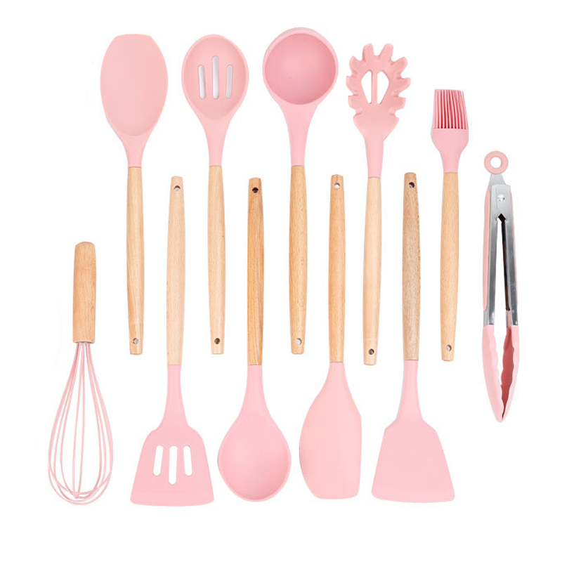 Outils de cuisine en silicone rose manche en bois