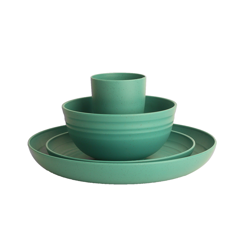 Custom 4 Pcs BPA-Free Creative Green Wheat Straw Cups Bowls Plates Tableware Sets