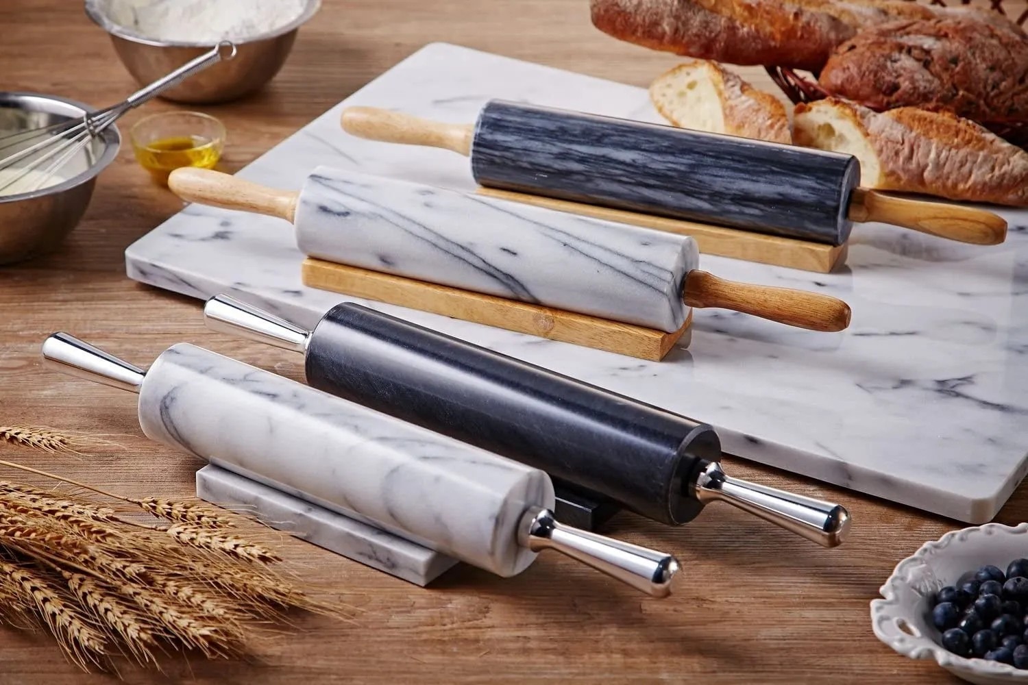 Natural Marble Rolling Pin With Wooden Cradle