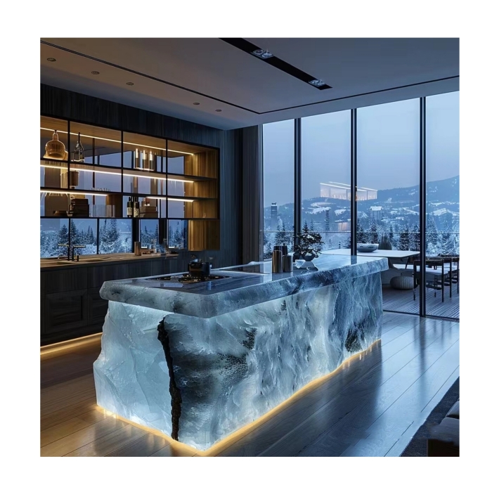 Backlit Design Custom Natural Pink Onyx Crystal Translucent Stone Kitchen Island Bar Counter