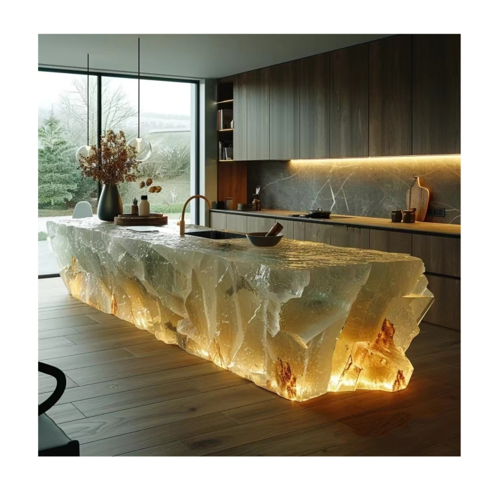 High-End Artificial Stone Resin Kitchen Countertops Translucent Blue Onyx Island Backlit Green Vanity Tops White Table