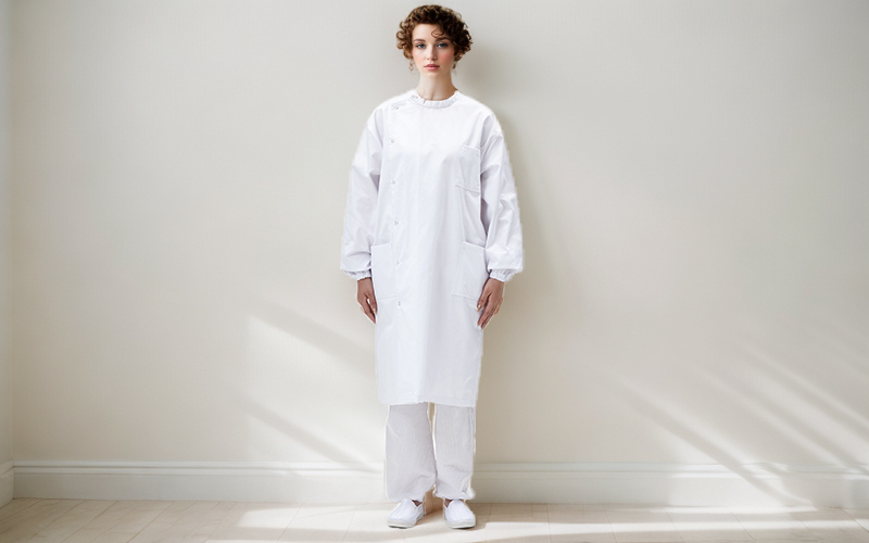 Anti-static coat with slanted lapel for clean areas