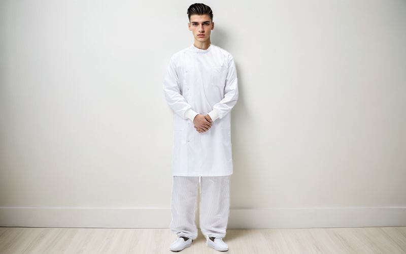 Anti-static coat with slanted lapel for clean areas