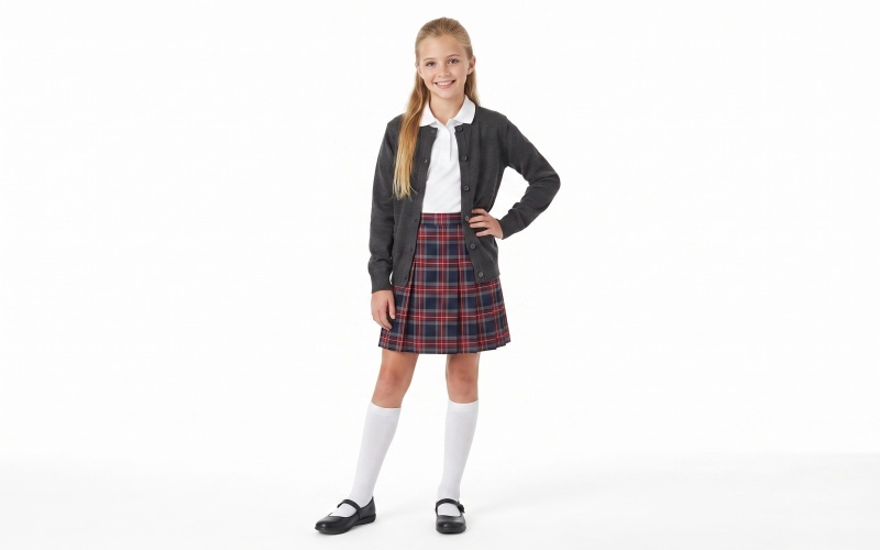Cardigan bleu marine à col rond en acrylique pour uniforme scolaire fille