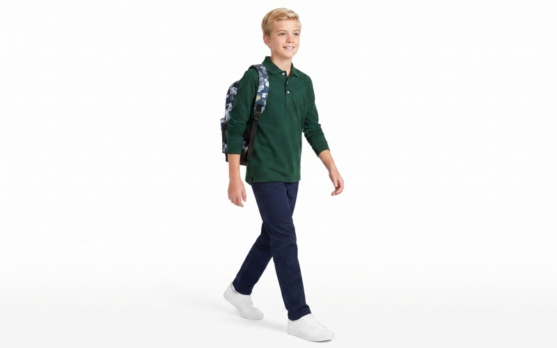Polo bleu marine à manches longues pour garçon, uniforme scolaire