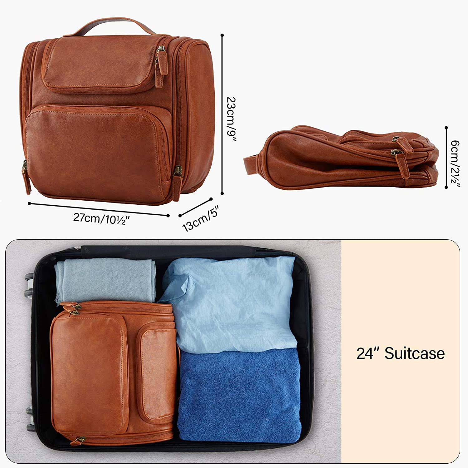 Mens Luxury Leather Bathroom Pouch Hanging Toiletry Bag