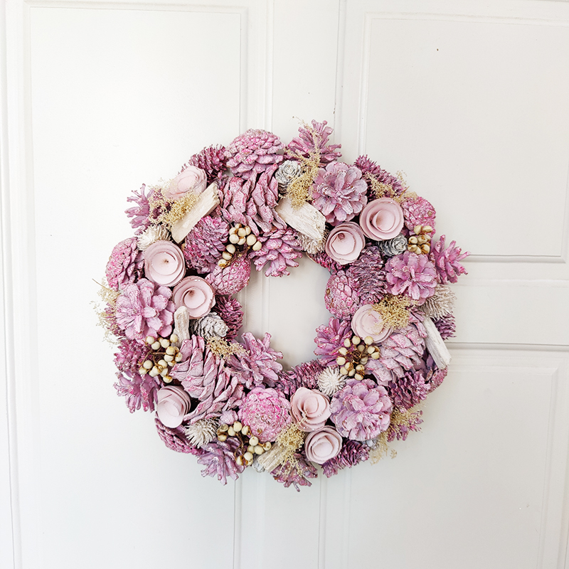 Pink Color Christmas Pine Cone Decoration Wreath