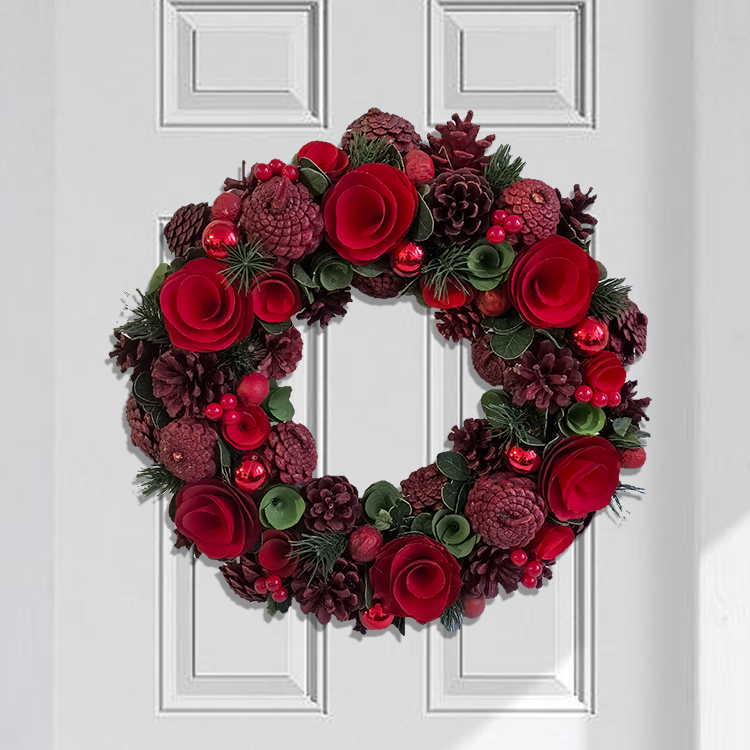 Handmade Red Pine Cone Wreath Decoration With Woodcurl Flowers And Berries