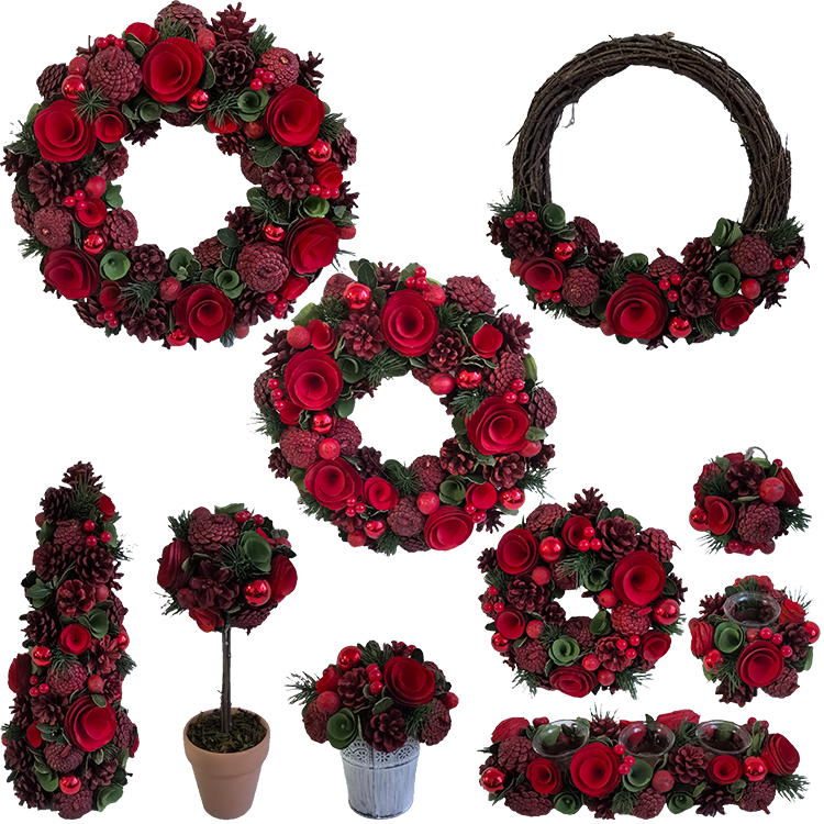 Handmade Red Pine Cone Wreath Decoration With Woodcurl Flowers And Berries