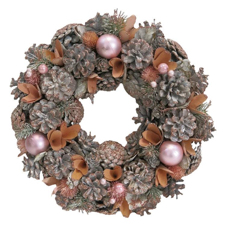 Couronne de Noël en pomme de pin naturelle avec boule rose