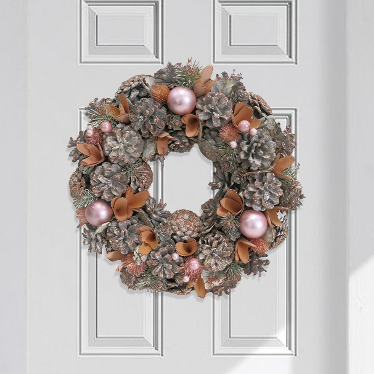 Natural Pine Cone Christmas Wreath With Pink Ball