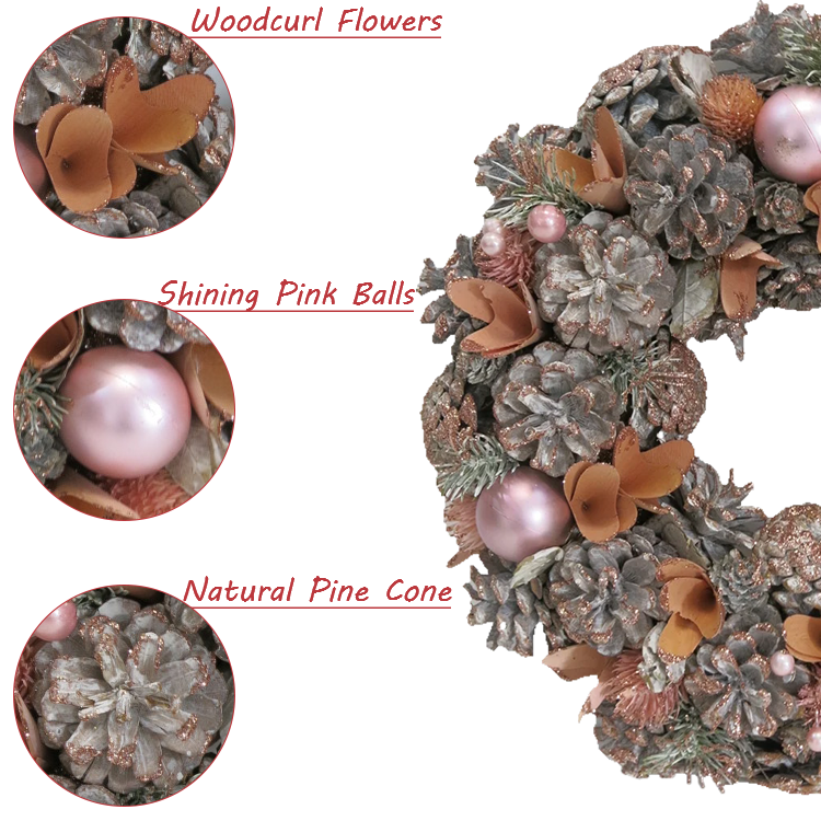 Natural Pine Cone Christmas Wreath With Pink Ball