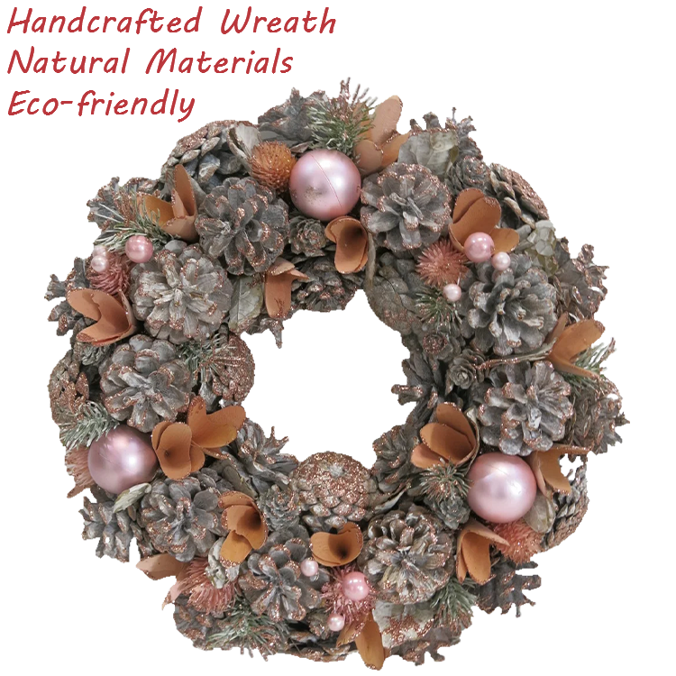 Natural Pine Cone Christmas Wreath With Pink Ball