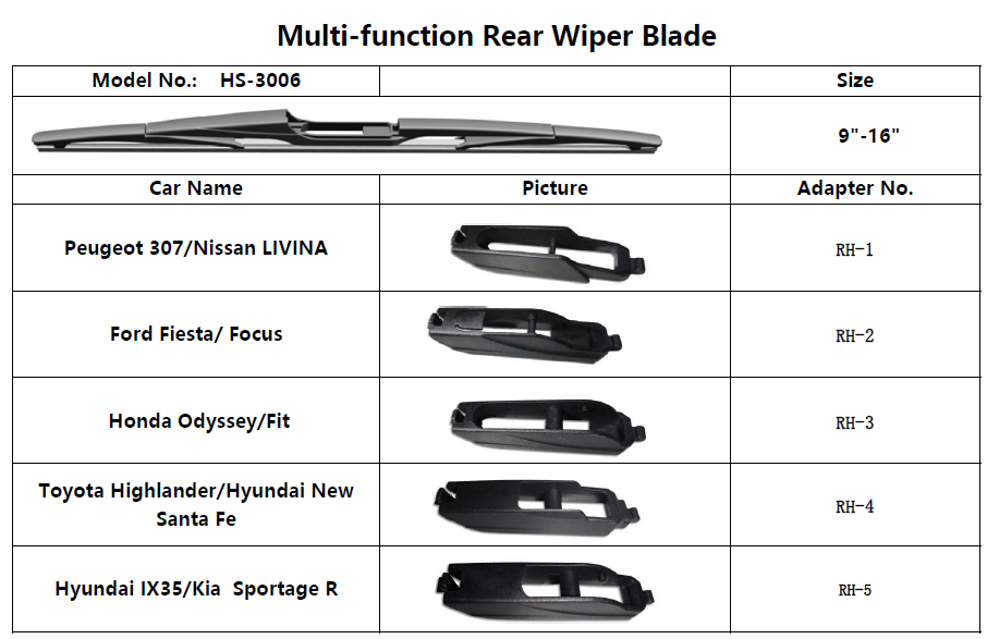 Rear wiper blade with multi-fit adapters