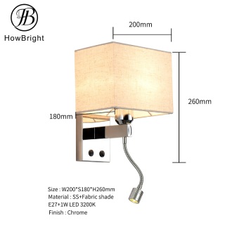 Hotel Bedside Fabric Lampshade With Tail LED Reading Light