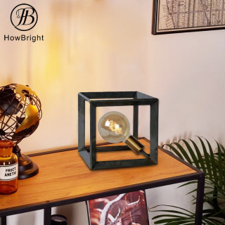 Lampă de masă din metal pătrată geometrică cu design simplu, lampă de masă cu grilă din fier negru