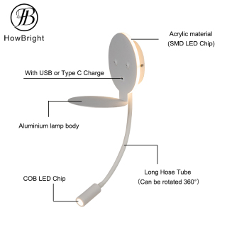 LED Gooseneck Reading Light Up Down Wall Lamp With USB