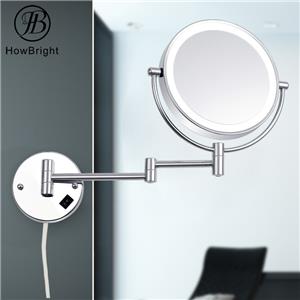 Round Shape Hotel Bathroom Vanity Shower Folding LED Double Sides Magnifying Wall Mounted Toilet Mirror With Light