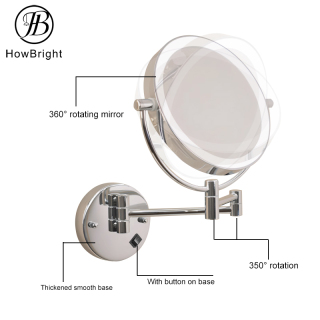 Round Shape Hotel Bathroom Vanity Shower Folding LED Double Sides Magnifying Wall Mounted Toilet Mirror With Light