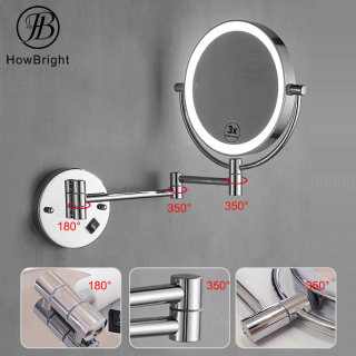 Round Shape Hotel Bathroom Vanity Shower Folding LED Double Sides Magnifying Wall Mounted Toilet Mirror With Light