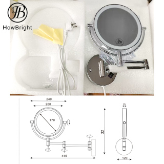 Round Shape Hotel Bathroom Vanity Shower Folding LED Double Sides Magnifying Wall Mounted Toilet Mirror With Light