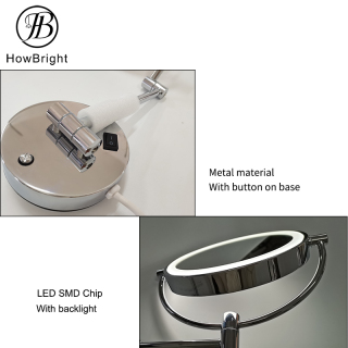 Round Shape Hotel Bathroom Vanity Shower Folding LED Double Sides Magnifying Wall Mounted Toilet Mirror With Light