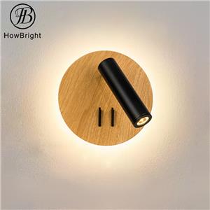 Lampă decorativă de perete rotundă de culoarea lemnului, lângă pat, cu întrerupător bistabil