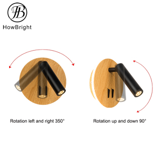 Lampă decorativă de perete rotundă de culoarea lemnului, lângă pat, cu întrerupător bistabil