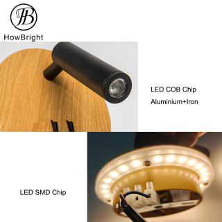 Lampă decorativă de perete rotundă de culoarea lemnului, lângă pat, cu întrerupător bistabil