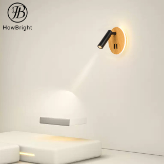 Lampă decorativă de perete rotundă de culoarea lemnului, lângă pat, cu întrerupător bistabil