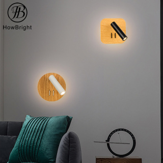 Lampă decorativă de perete rotundă de culoarea lemnului, lângă pat, cu întrerupător bistabil