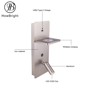 Indoor Aluminum LED Bedside Reading Wall Lamp with Wireless Charging