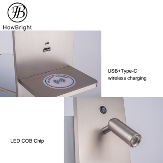 Indoor Aluminum LED Bedside Reading Wall Lamp with Wireless Charging