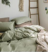 Solid Green Color Double Needle Sewed Washed Cotton Bedding