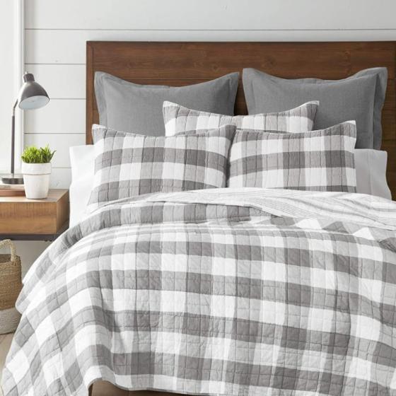 100% Cotton Gray Plaid Pattern Bedding
