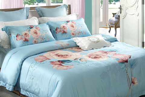 하늘색 꽃무늬 코튼 침구 세트 --- 꽃 시간