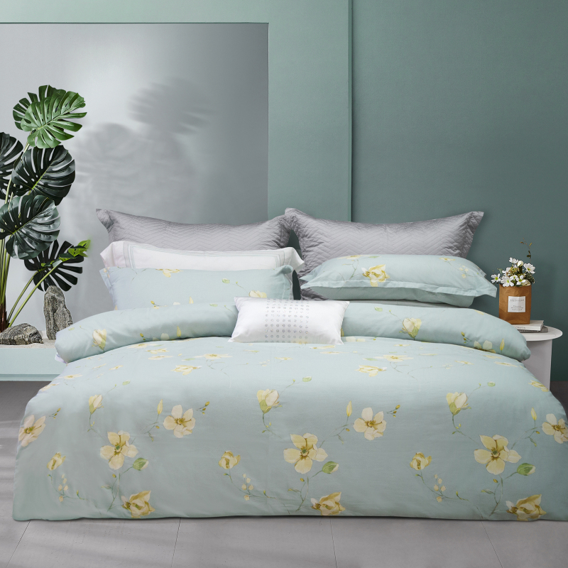 Parure de lit 4 pièces en coton à imprimé floral jaune délicat --- MICHUN