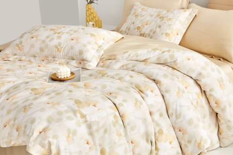 Parure de lit 4 pièces en lyocell à imprimé floral jaune --- QIANQIAN