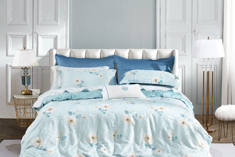 Set di biancheria da letto 4 pezzi in misto cotone e rayon con motivo floreale blu --- HUANONG