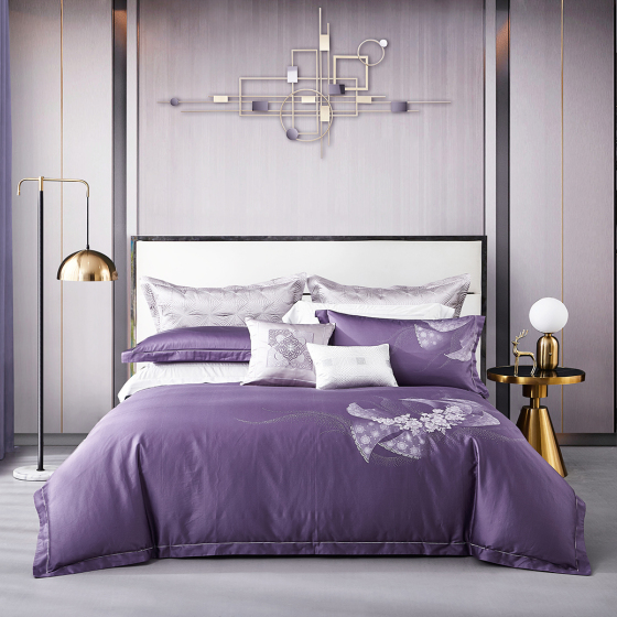 Purple Cotton Bedding Set with Elegant Embroidery --- QINGMU