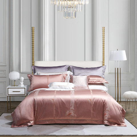 Luxe katoenen beddengoedset met bloemenprint in roze jacquardmotief --- MEIYAN