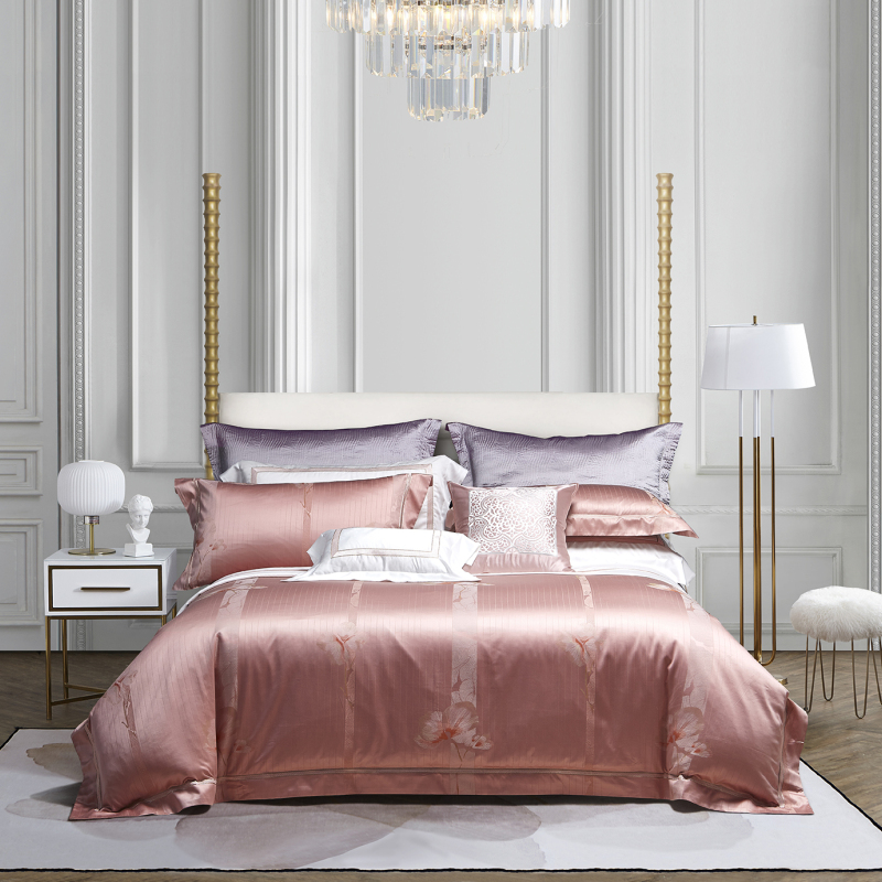 Parure de lit de luxe en coton jacquard rose à fleurs --- MEIYAN